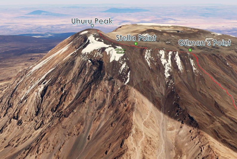 Map showing final ascent route along the caldera edge