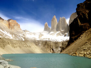 Iconic image of Torres del Paine in Patagonia, the three towers behind a lake.