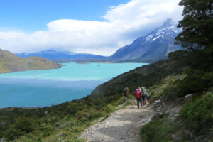 Lake Nordenskjöld's water is light blue with the trail to the north. Patagonia
