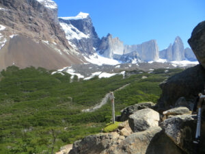 Patagonia French Valley through the Britanico forest leads to an amphitheater where the arêtes have been eroded so thin and jagged.