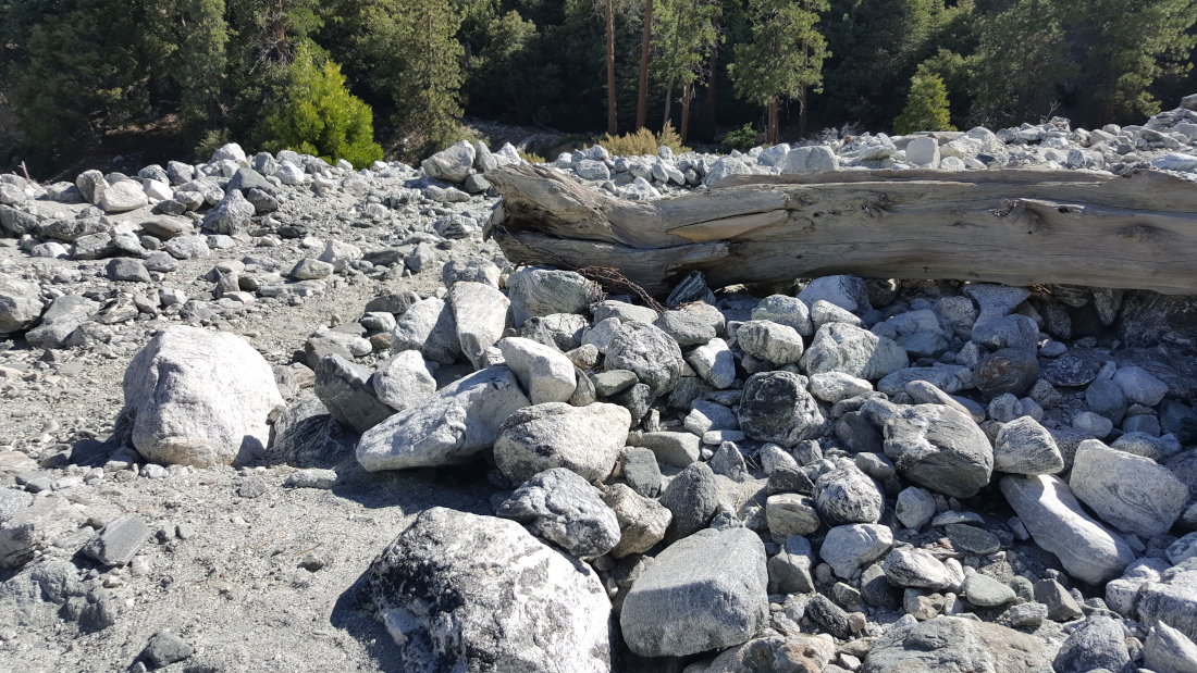 The start of the route to San Gorgonio Mountain has a white boulder field in Mill Creek Wash