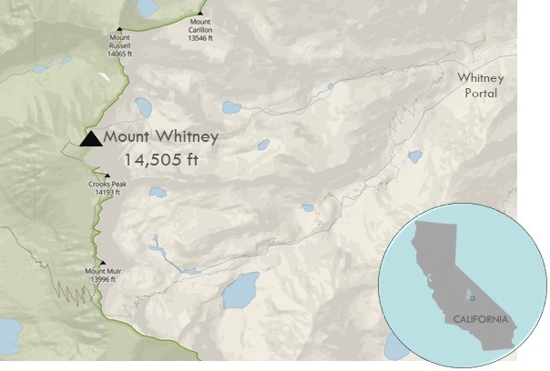Topographic map of the terrain surrounding Whitney
