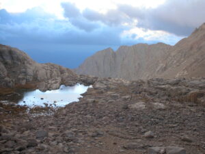 Mt. Whitney hike, the reflective pond by Trail Camp