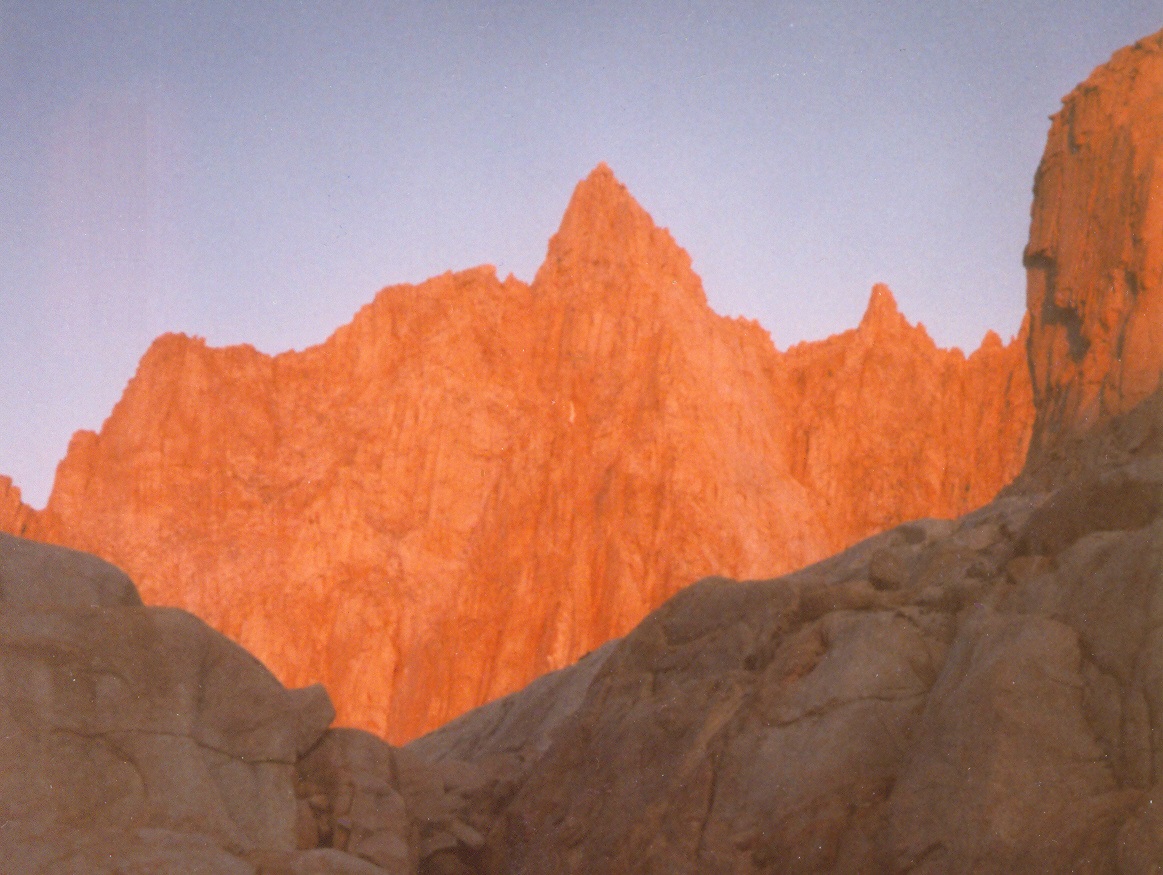 Around sunrise, the red alpenglow by Whitney's summit is jawdropping