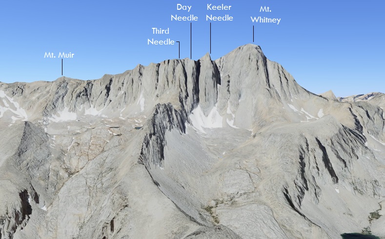 This is an image of a map with labels showing the peaks and needles on the ridgeline to Mt. Whitney