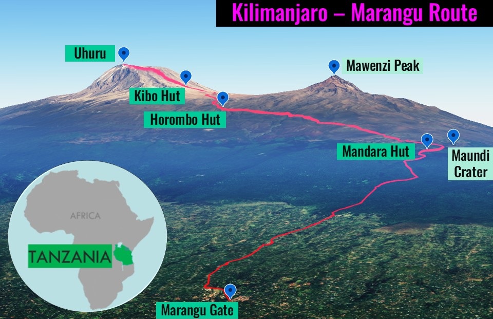 Map showing route from Marangu Gate all the way to Uhuru