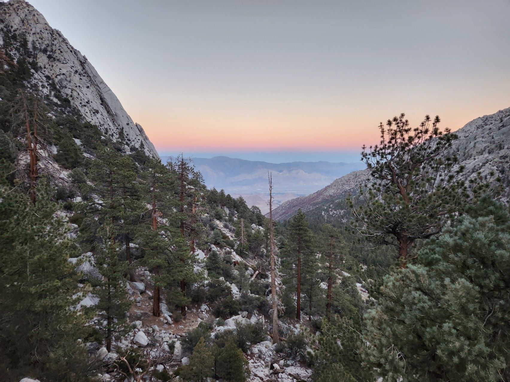 In the morning, if you look back you can see Whitney Portal, but only after the sun rises
