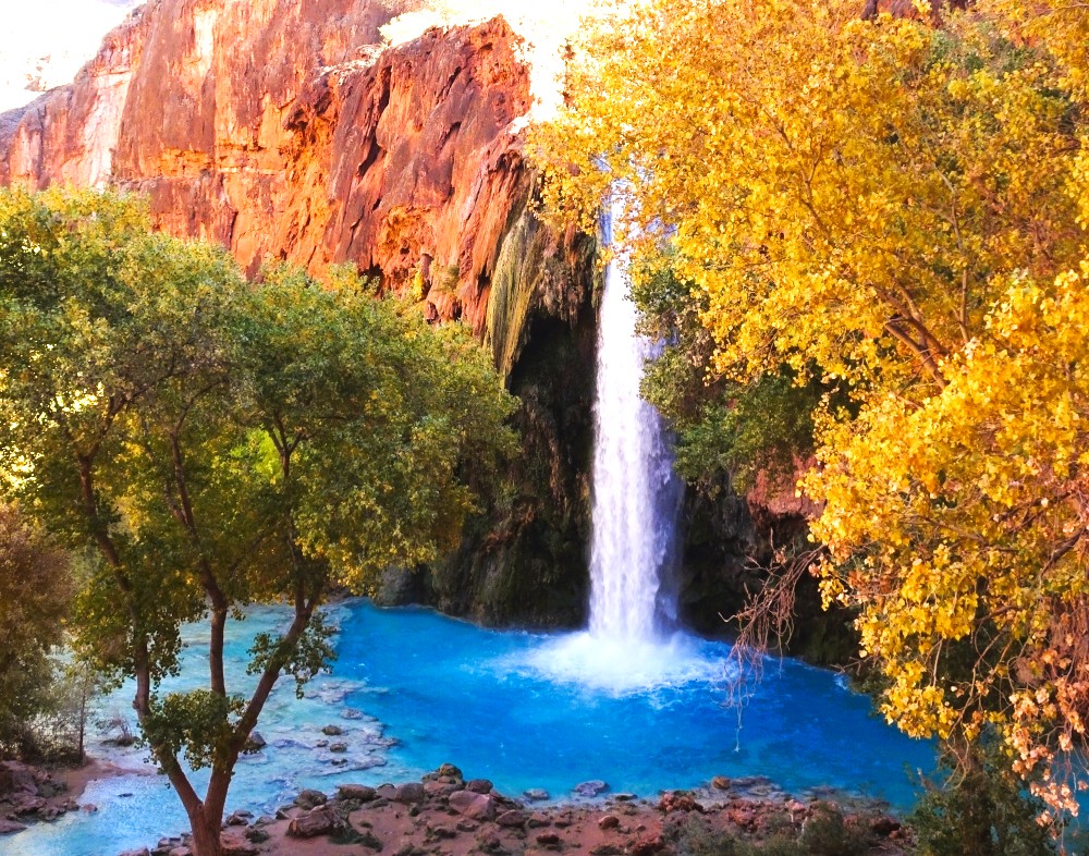 Beautiful colors of Havasu Falls: Red walls, yellow leaves, green trees, and blue water