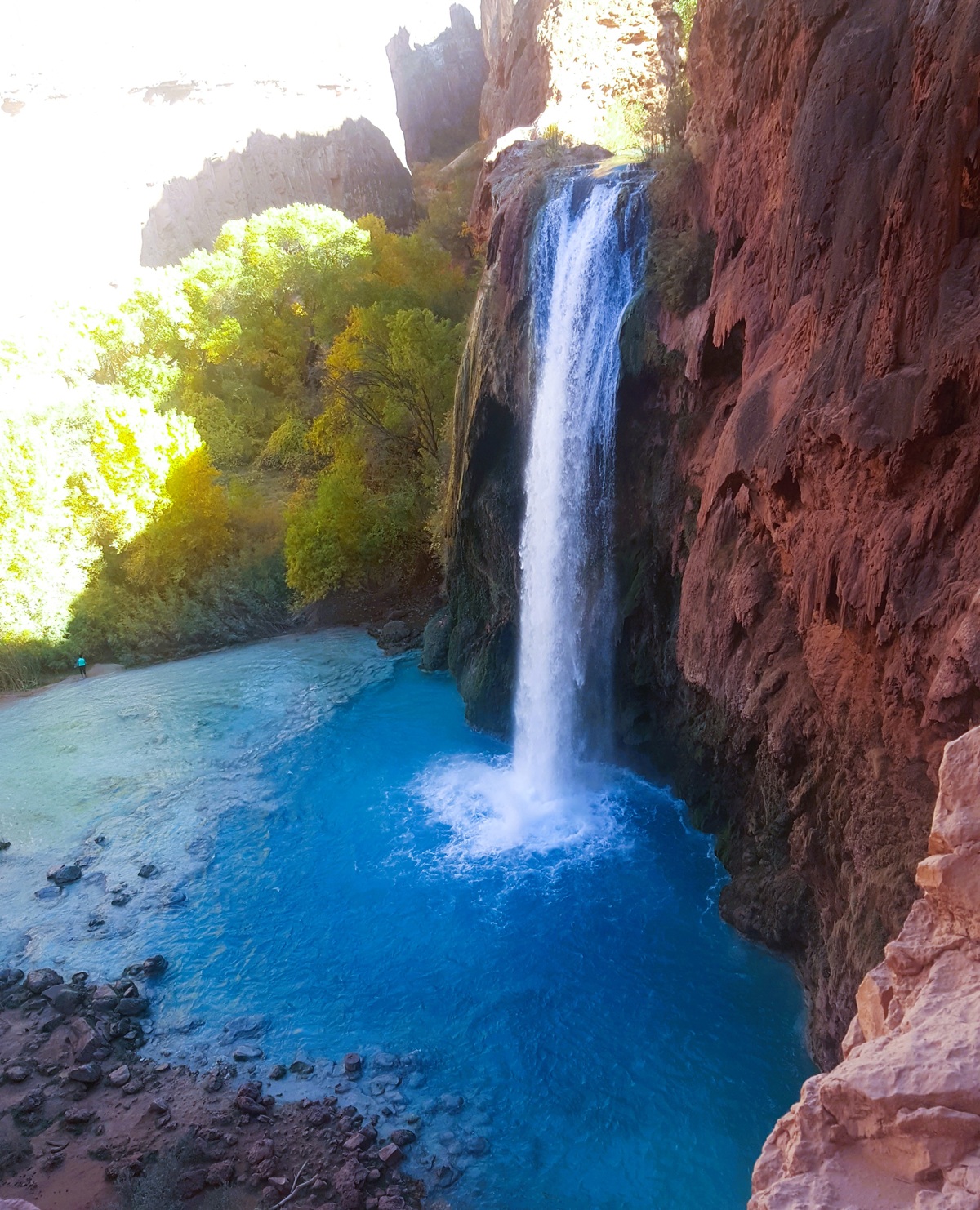 Backpacking to Havasu Falls - Havasu Falls rushes into a spectacular turquoise pool against a backdrop of red and pink canyon walls