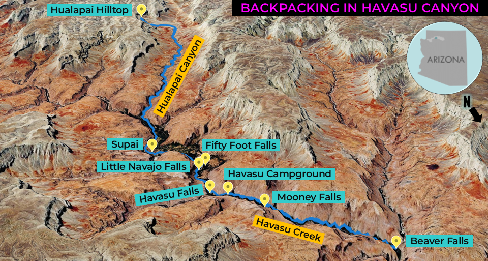 Trail guide map showing labels of landmarks along the way