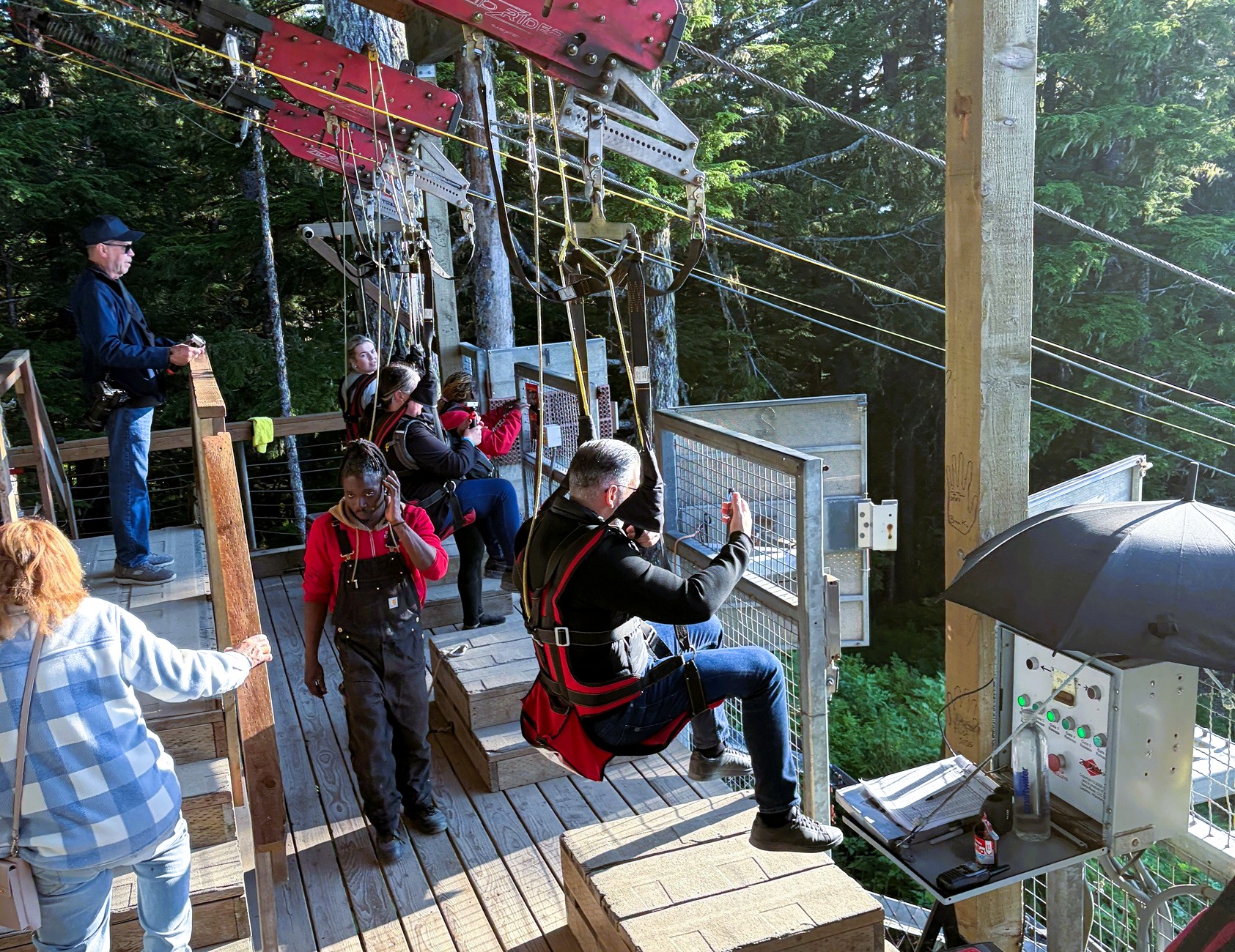 An anxious rider is preparing for takeoff just before ziplining