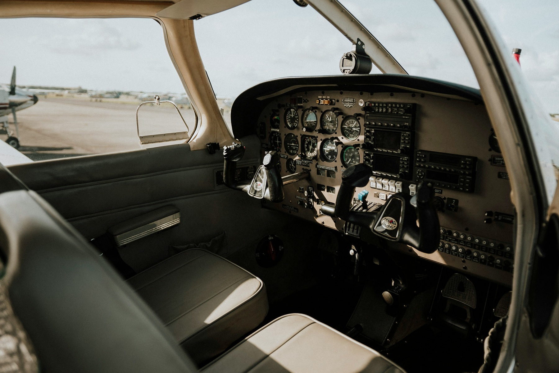 Inside the cockpit looking at the console