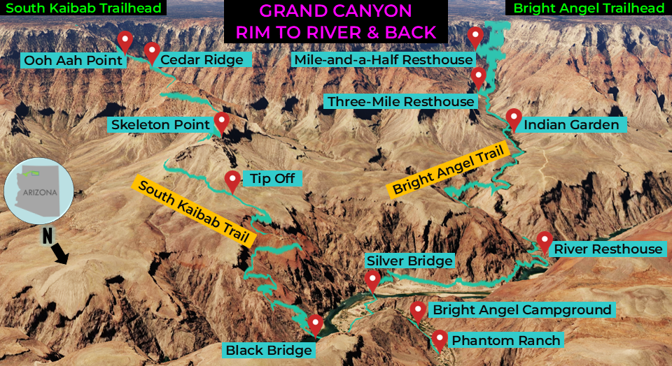 Trail guide map showing labels of landmarks along the way