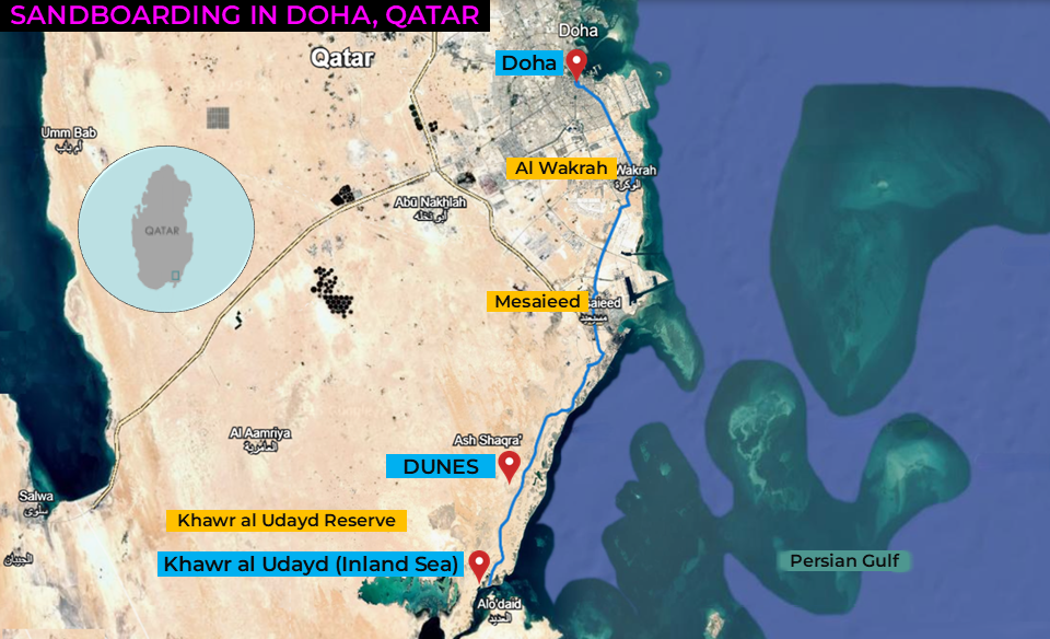 A map showing the route from Doha to the Inland Sea, including labels for the stops along the way